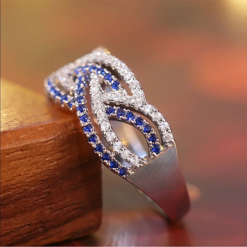 New 925 Silver Multi Layer Women Sapphire Wedding Ring - Picture 4 of 6